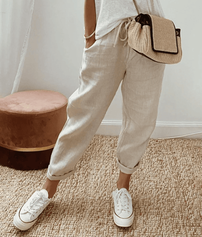 Chloé - Pantalon en Lin Femme Casual avec Bas Élastiqué et Coupe Fuselée