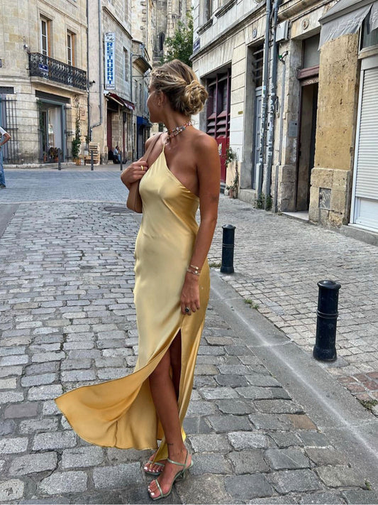 Chloé - Robe Invitée Mariage Femme Midi Asymétrique à Bretelle Unique et Fente Élégante