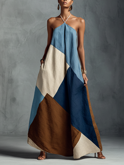Chloé - Robe Maxi en Lin Femme Bohème avec Col Halter et Jupe Ample