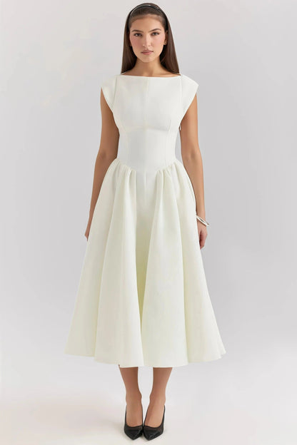 Chloé - Robe Invitée Mariage Simple Femme Élégante Midi à Col Bateau et Jupe Évasée