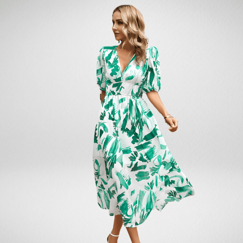 Clara - Robe Invitée Mariage Femme Chic Midi à Col V et Manches Bouffantes
