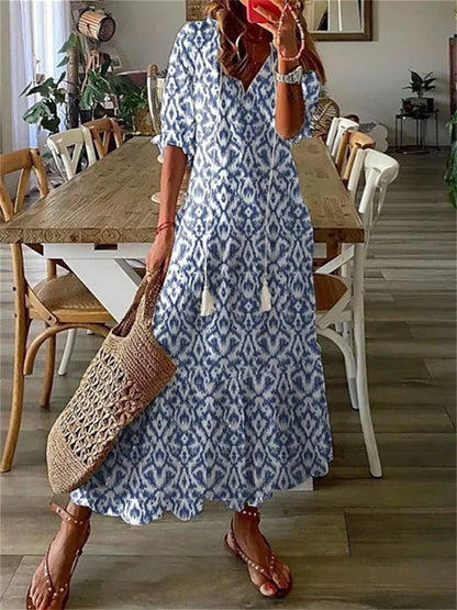 Clara - Robe Maxi d'Été Femme à Imprimé Ethnique Col V avec Pompons et Jupe Ample Bohème