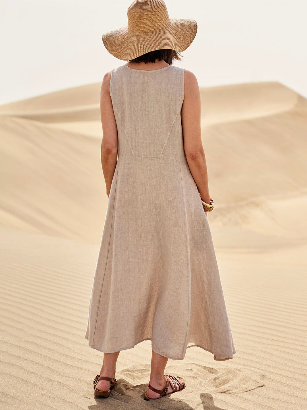 Clara - Robe Maxi en Lin Femme Bohème sans Manches avec Poches Plaquées et Col Rond
