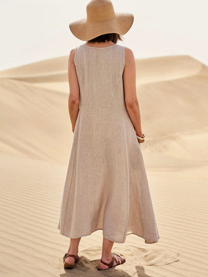 Clara - Robe Maxi en Lin Femme Bohème sans Manches avec Poches Plaquées et Col Rond