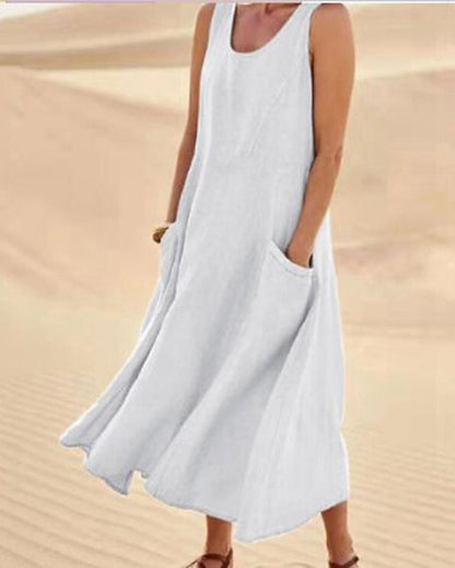 Clara - Robe Maxi en Lin Femme Bohème sans Manches avec Poches Plaquées et Col Rond