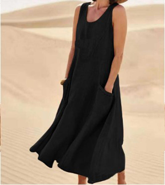 Clara - Robe Maxi en Lin Femme Bohème sans Manches avec Poches Plaquées et Col Rond