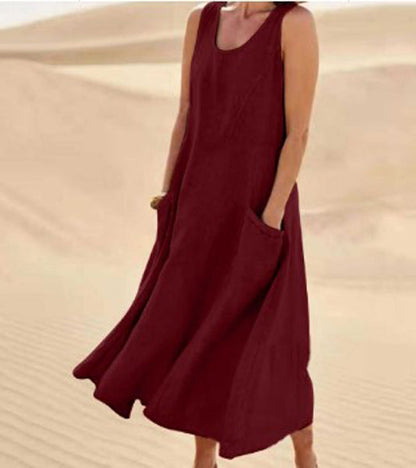 Clara - Robe Maxi en Lin Femme Bohème sans Manches avec Poches Plaquées et Col Rond