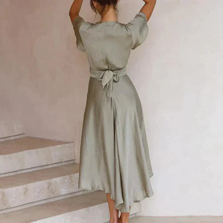 Clara - Robe d'Été Femme à Col V Plongeant avec Torsade à la Taille et Manches Volantées