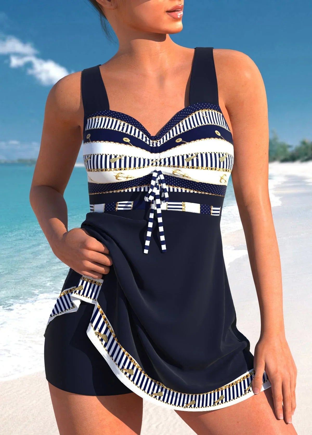 Delphine - Maillot de Bain Femme Tendance Robe de Plage avec Imprimé Ethnique et Encolure en Cœur