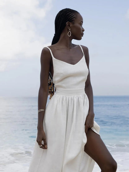 Delphine - Robe Maxi d'Été Femme à Bretelles Nouées Taille Froncée et Jupe Ample Bohème