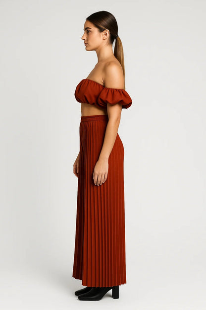 Ensemble Femme - Crop Top Épaules Dénudées et Pantalon Plissé | Chic
