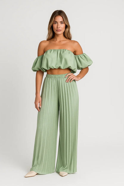 Ensemble Femme - Crop Top Épaules Dénudées et Pantalon Plissé | Chic