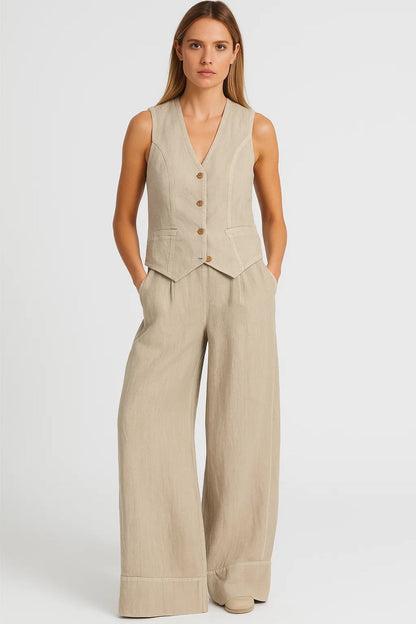 Ensemble Femme - Gilet Boutonné et Pantalon Large Coordonné | Été