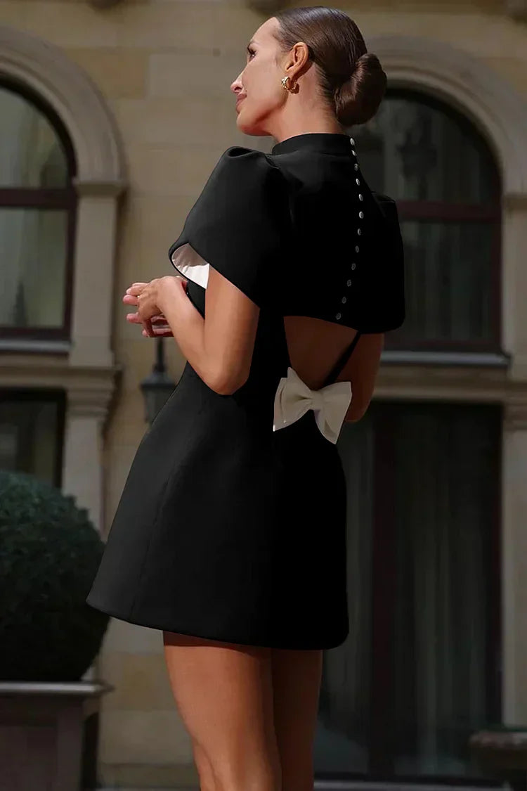Estelle - Robe Mariage Invitée Mini Femme Élégante avec Col Montant et Manches Bouffantes Évasées