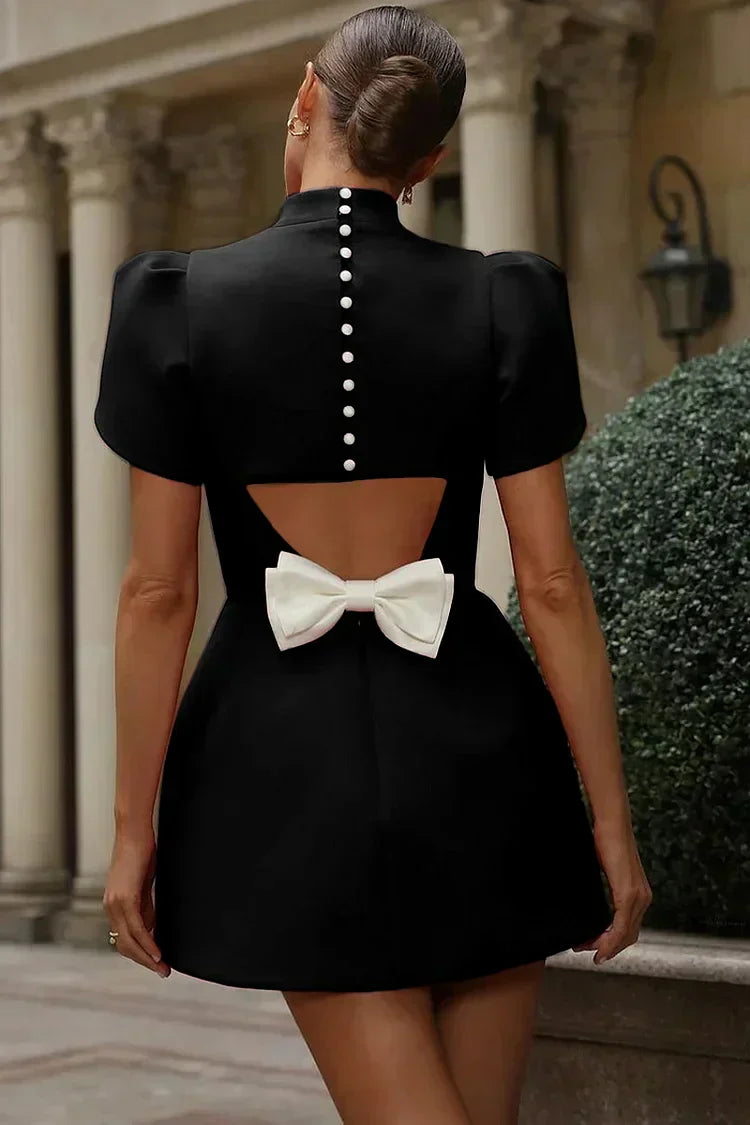 Estelle - Robe Mariage Invitée Mini Femme Élégante avec Col Montant et Manches Bouffantes Évasées