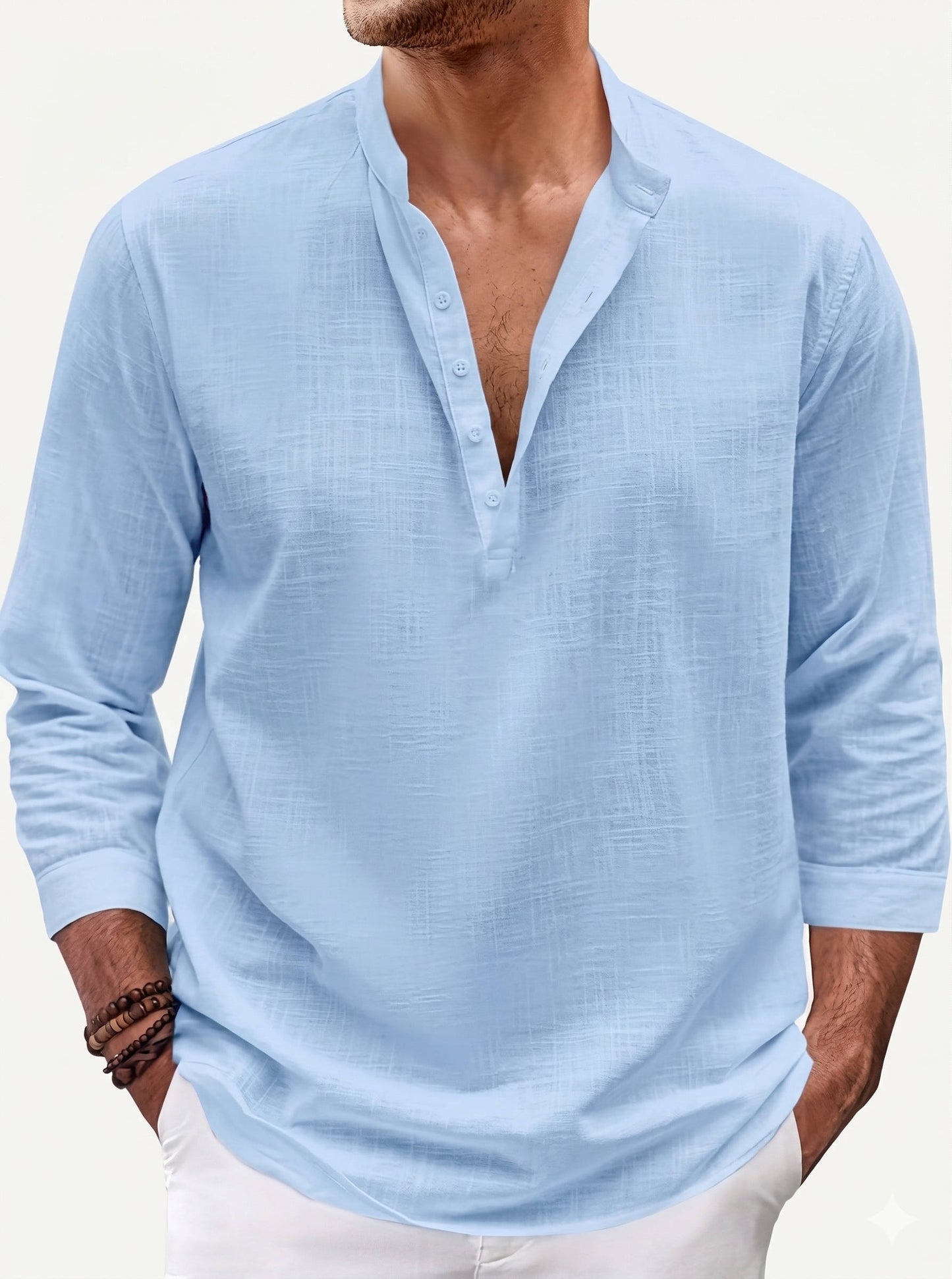 Gabriel - Chemise en Lin Homme Moderne avec Col Mao et Manches Longues