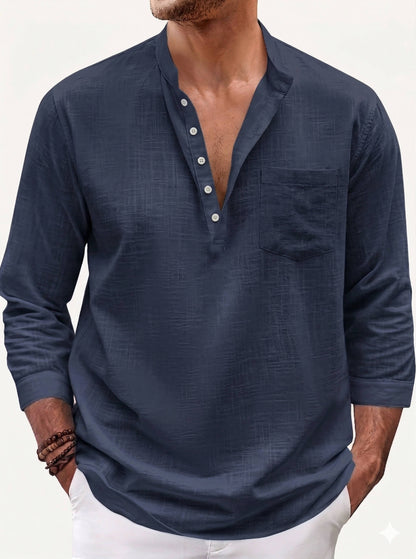 Gabriel - Chemise en Lin Homme Moderne avec Col Mao et Manches Longues