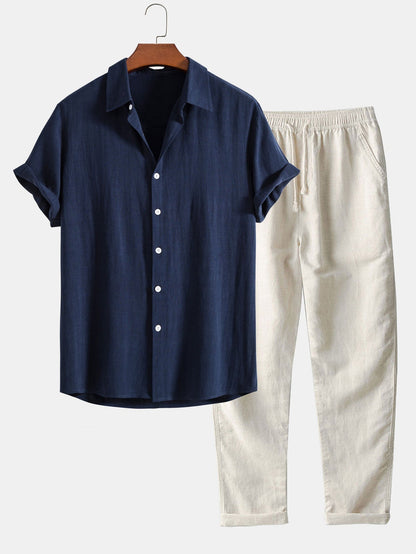 Hugo - Ensemble en Lin Homme Décontracté avec Chemise et Pantalon Casual Été