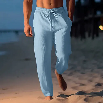 Hugo - Pantalon en Lin Homme Casual de Plage avec Cordon de Serrage et Coupe Droite