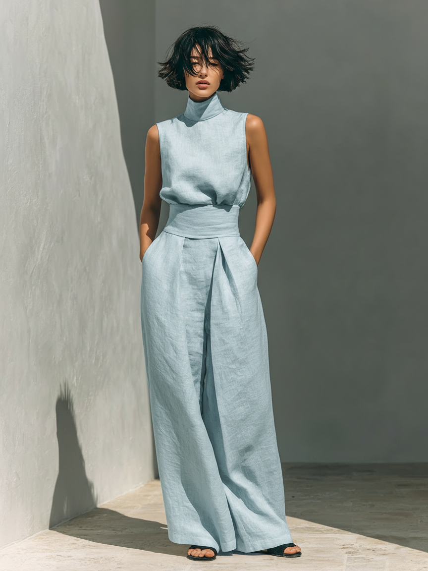 Inès - Ensemble en Lin Femme Élégant avec Top Col Roulé et Pantalon Palazzo Large
