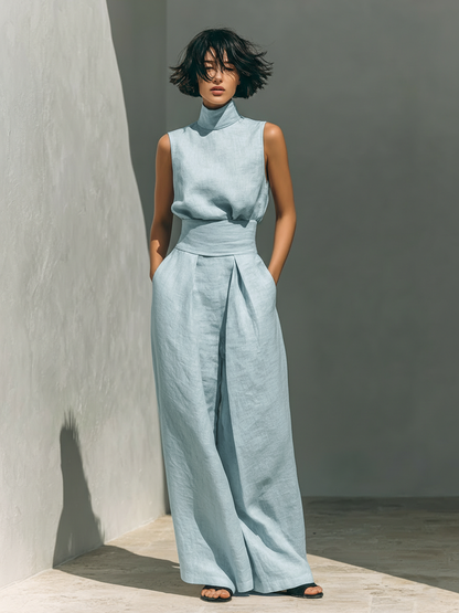 Inès - Ensemble en Lin Femme Élégant avec Top Col Roulé et Pantalon Palazzo Large