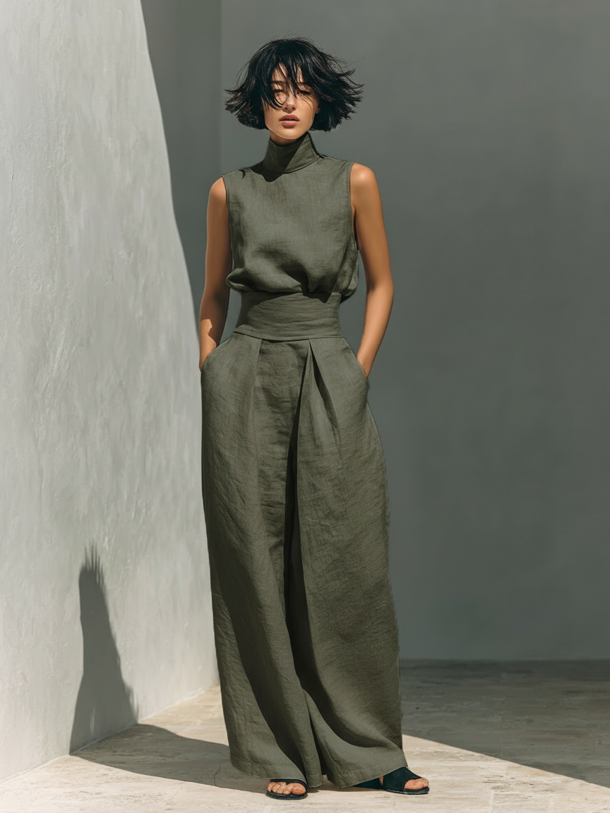 Inès - Ensemble en Lin Femme Élégant avec Top Col Roulé et Pantalon Palazzo Large