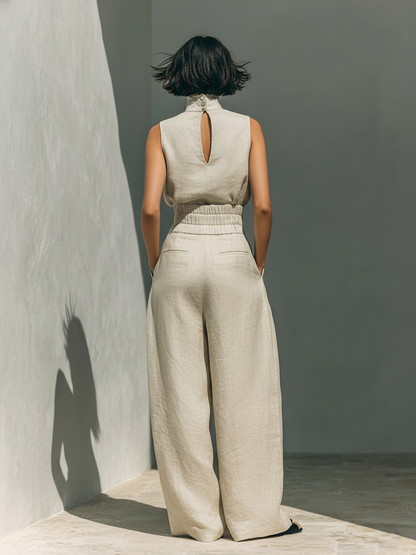 Inès - Ensemble en Lin Femme Élégant avec Top Col Roulé et Pantalon Palazzo Large