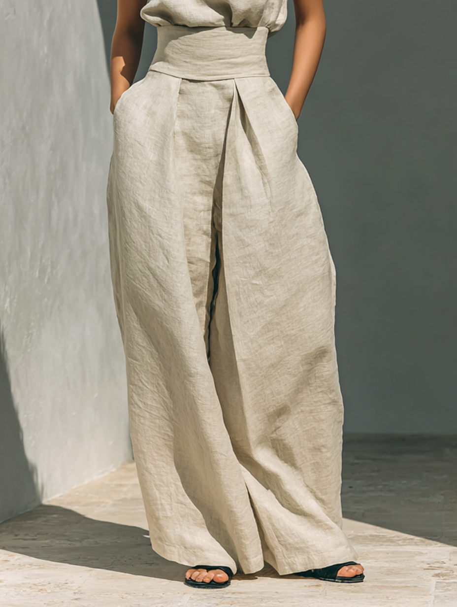 Inès - Ensemble en Lin Femme Élégant avec Top Col Roulé et Pantalon Palazzo Large