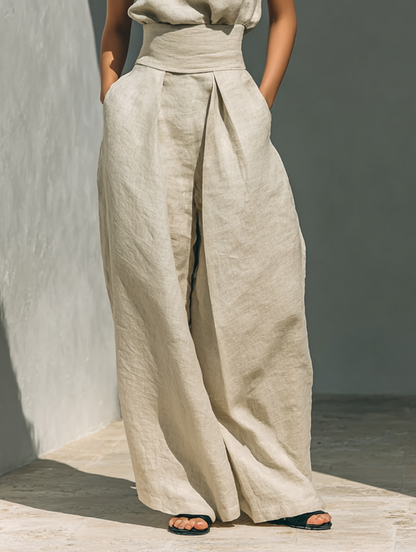 Inès - Ensemble en Lin Femme Élégant avec Top Col Roulé et Pantalon Palazzo Large