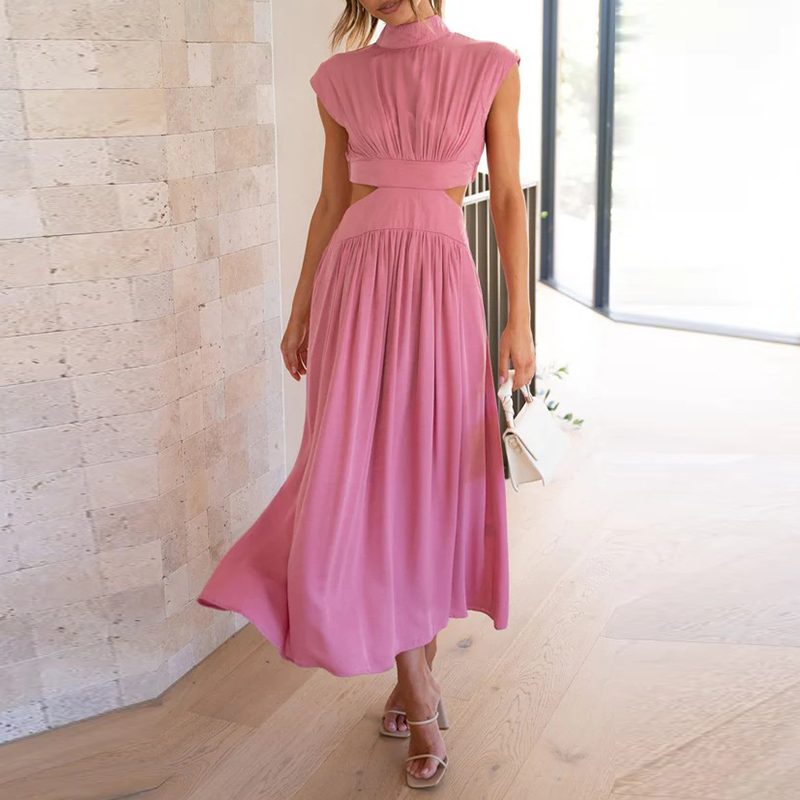 Inès - Robe Invitée Mariage Femme Tendance Col Montant Découpée à la Taille et Jupe Évasée