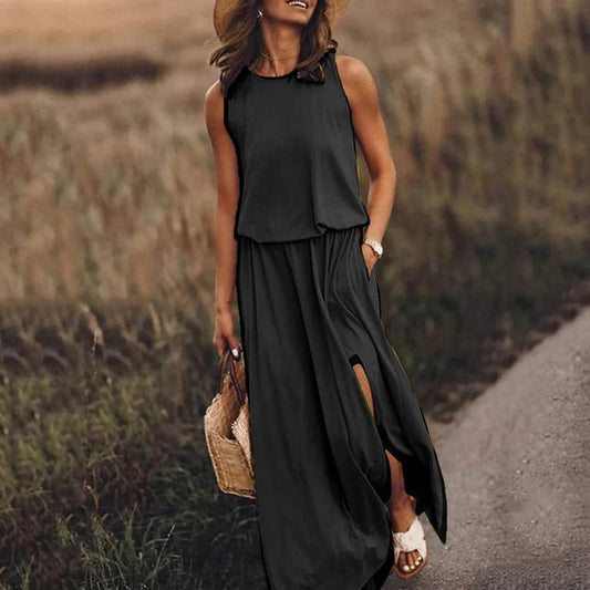 Camille - Robe Élégante Invitée Mariage Femme sans Manches avec Fente et Poches
