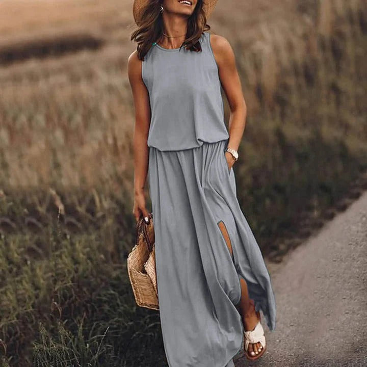 Camille - Robe Élégante Invitée Mariage Femme sans Manches avec Fente et Poches