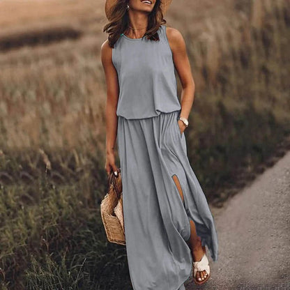 Camille - Robe Élégante Invitée Mariage Femme sans Manches avec Fente et Poches