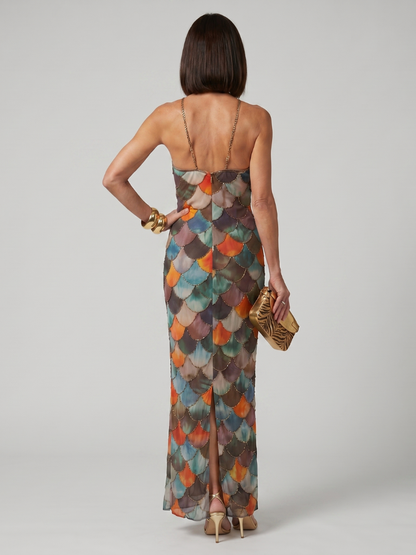 Inès - Robe Longue Femme Habillée avec Dos Nu et Détails Pailletés