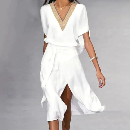 Inès - Robe Invitée Mariage Femme Élégante Col V Doré et Ceinture Nouée