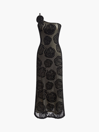 Inès - Robe Mariage Invitée Maxi Femme Élégante avec Épaule Asymétrique et Appliqués Floraux