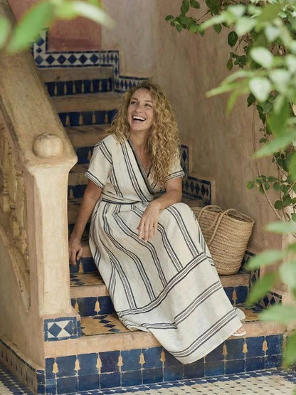 Inès - Robe Maxi en Lin Femme Bohème avec Col Cache-Cœur et Manches Courtes