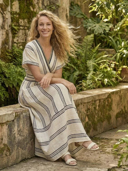 Inès - Robe Maxi en Lin Femme Bohème avec Col Cache-Cœur et Manches Courtes