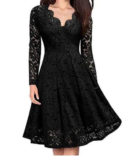 Inès - Robe d'Été Élégante Femme à Col V Festonné avec Manches Longues et Jupe Évasée