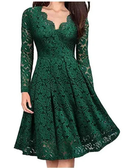 Inès - Robe d'Été Élégante Femme à Col V Festonné avec Manches Longues et Jupe Évasée