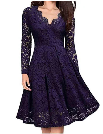 Inès - Robe d'Été Élégante Femme à Col V Festonné avec Manches Longues et Jupe Évasée