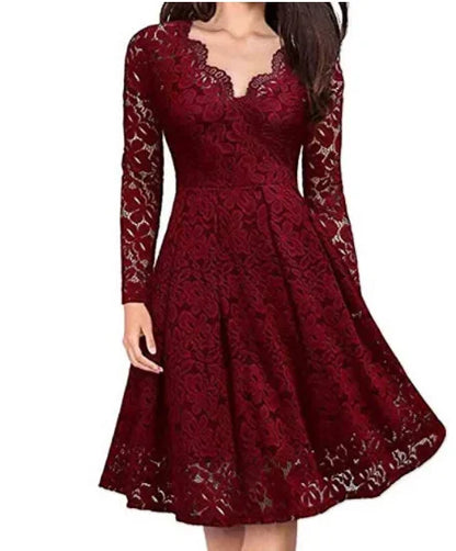 Inès - Robe d'Été Élégante Femme à Col V Festonné avec Manches Longues et Jupe Évasée