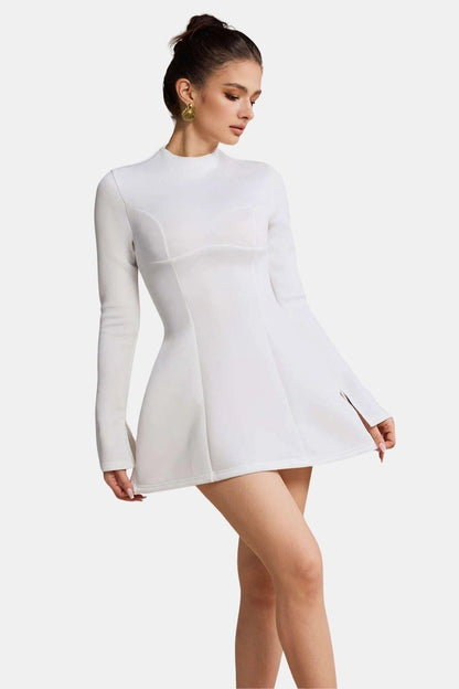 Inès - Robe de Soirée Courte Femme Élégante Moulante avec Col Montant et Manches Longues