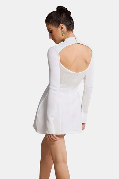 Inès - Robe de Soirée Courte Femme Élégante Moulante avec Col Montant et Manches Longues