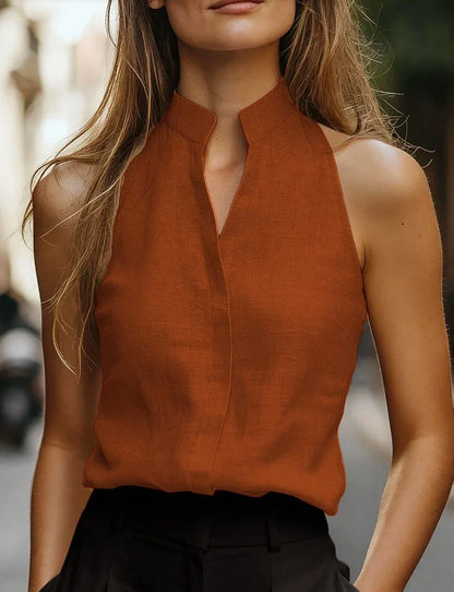 Jade - Blouse en Lin Femme Chic sans Manches avec Col V Fendu et Coupe Ajustée