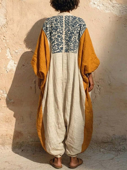 Jade - Combinaison en Lin Bohème Femme avec Imprimé Patchwork et Coupe Kaftan Ample