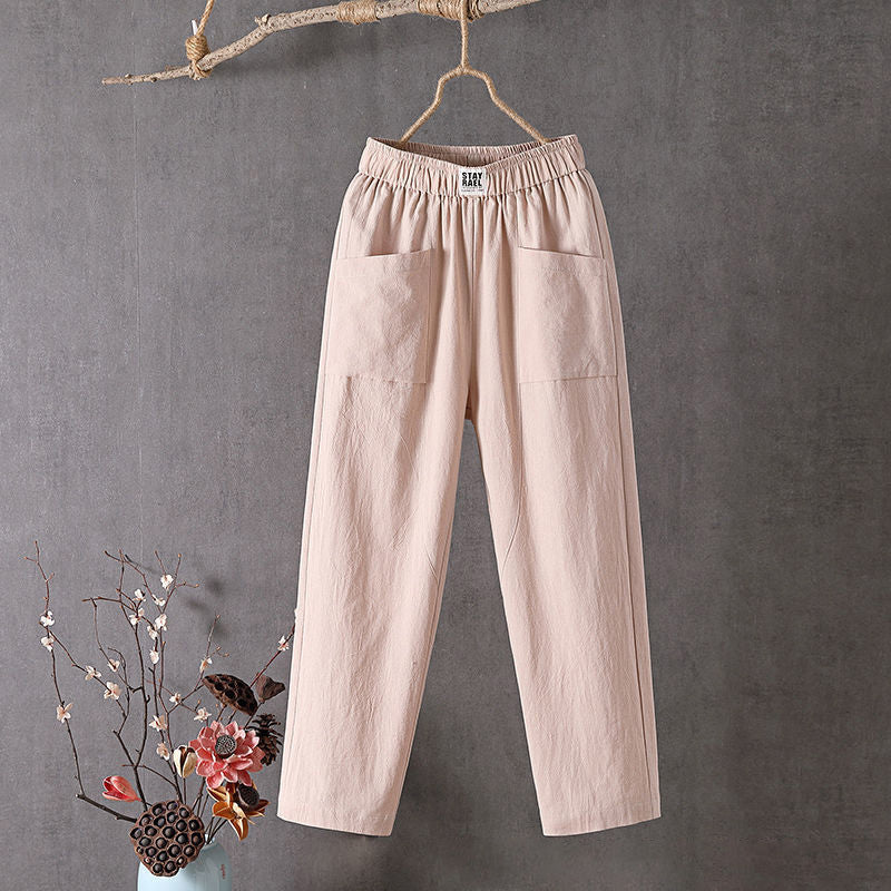 Jade - Pantalon en Lin Femme Décontracté avec Poches Plaquées et Taille Élastiquée