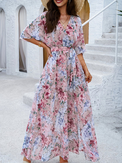 Jade - Robe Invitée Mariage Femme Longue Fleurie à Col V et Fente avec Ceinture