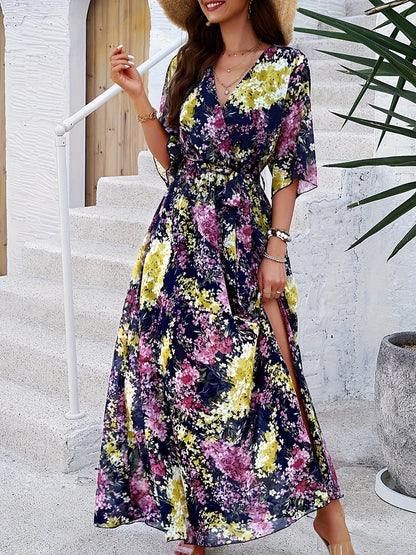 Jade - Robe Invitée Mariage Femme Longue Fleurie à Col V et Fente avec Ceinture