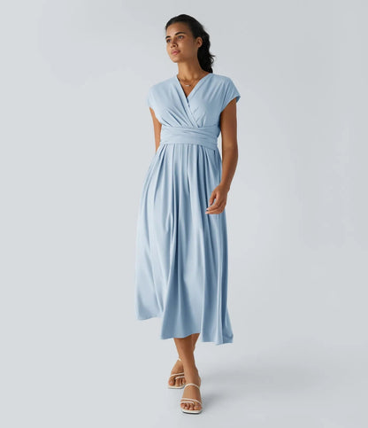 Jade - Robe Invitée Mariage Femme Élégante Col Croisé Taille Haute et Jupe Fluide
